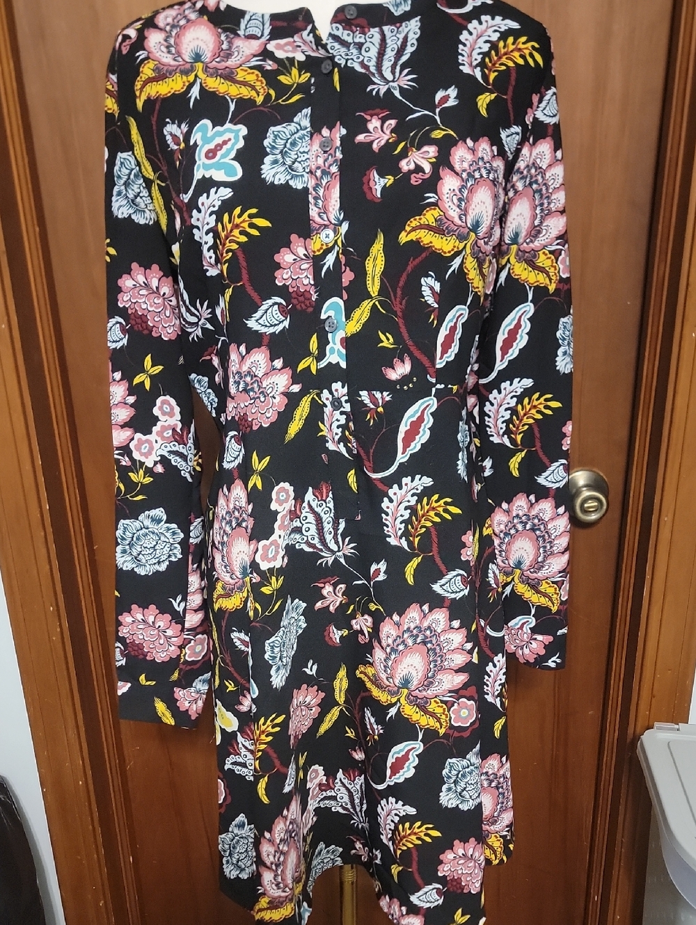 Floral Long-Sleeve Midi Dress - Black/Pink/Yellow